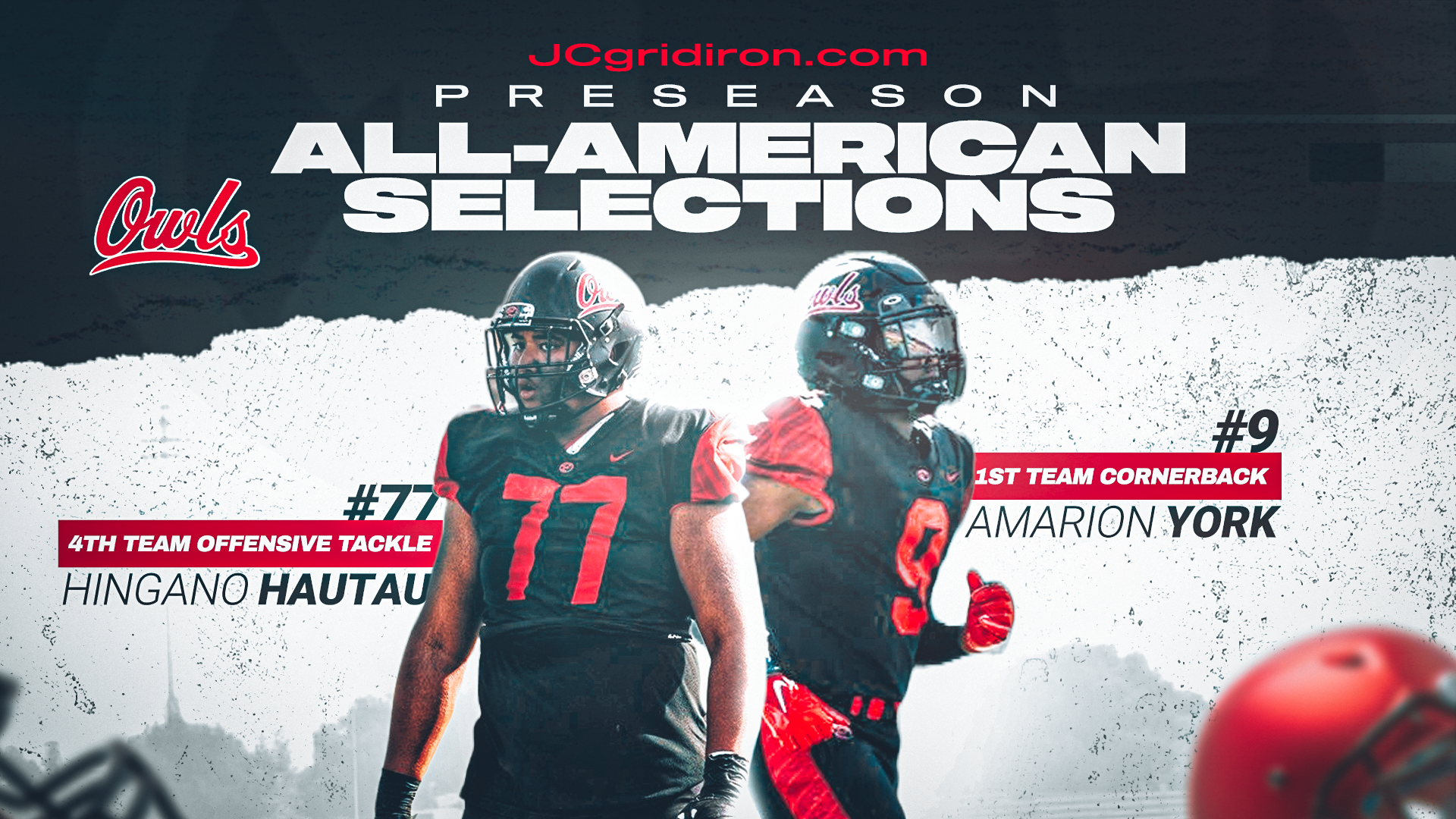 Two football players in black jerseys in the middle. All-American Selections in white text above them.